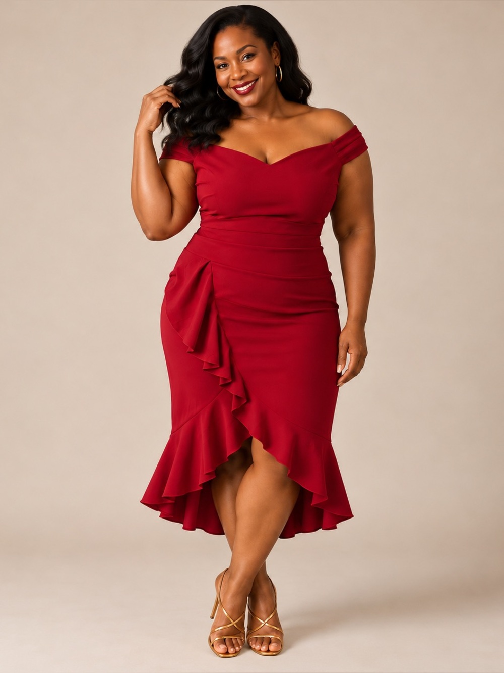 Knitee Red Off Shoulder Ruffle Holiday Cocktail Party Dress Bodycon Size XL